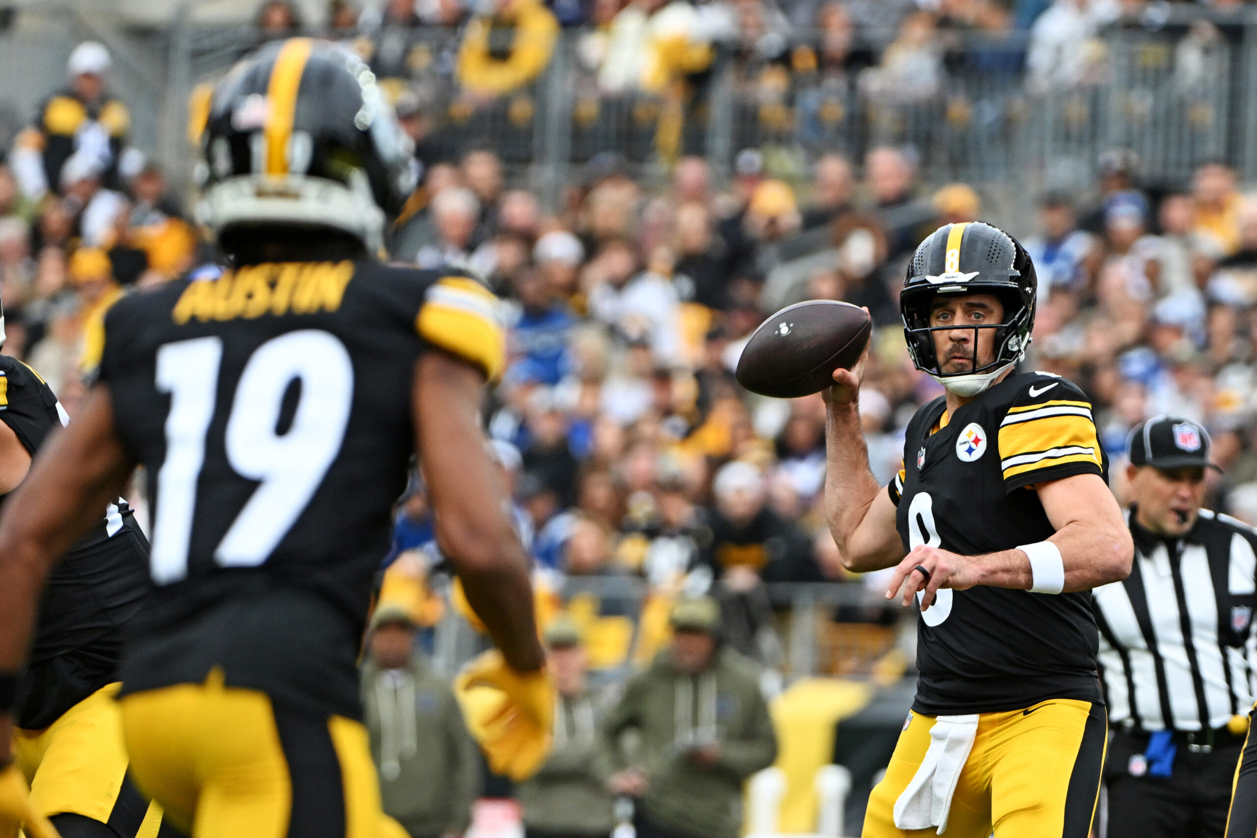 Nov 2, 2025; Pittsburgh, Pennsylvania, USA; Pittsburgh Steelers quarterback Aaron Rodgers (8) makes a pass to Pittsburgh Steelers wide receiver Calvin Austin III (19) during the first half against the Indianapolis Colts at Acrisure Stadium. Mandatory Credit: Barry Reeger-Imagn Images