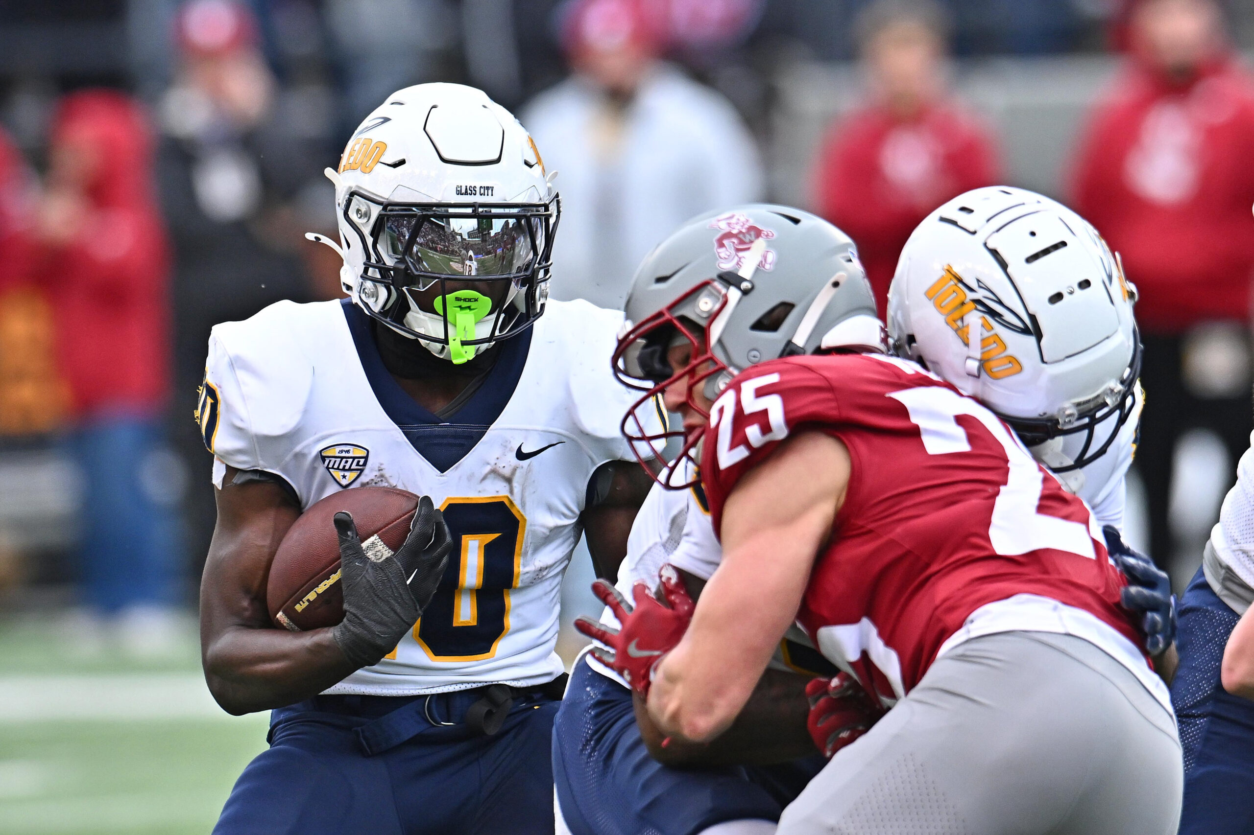 Oct 25, 2025; Pullman, Washington, USA; Toledo Rockets running back Kenji Christian (10) carries the ball against the Washington State Cougars in the second half at Gesa Field at Martin Stadium. Mandatory Credit: James Snook-Imagn Images