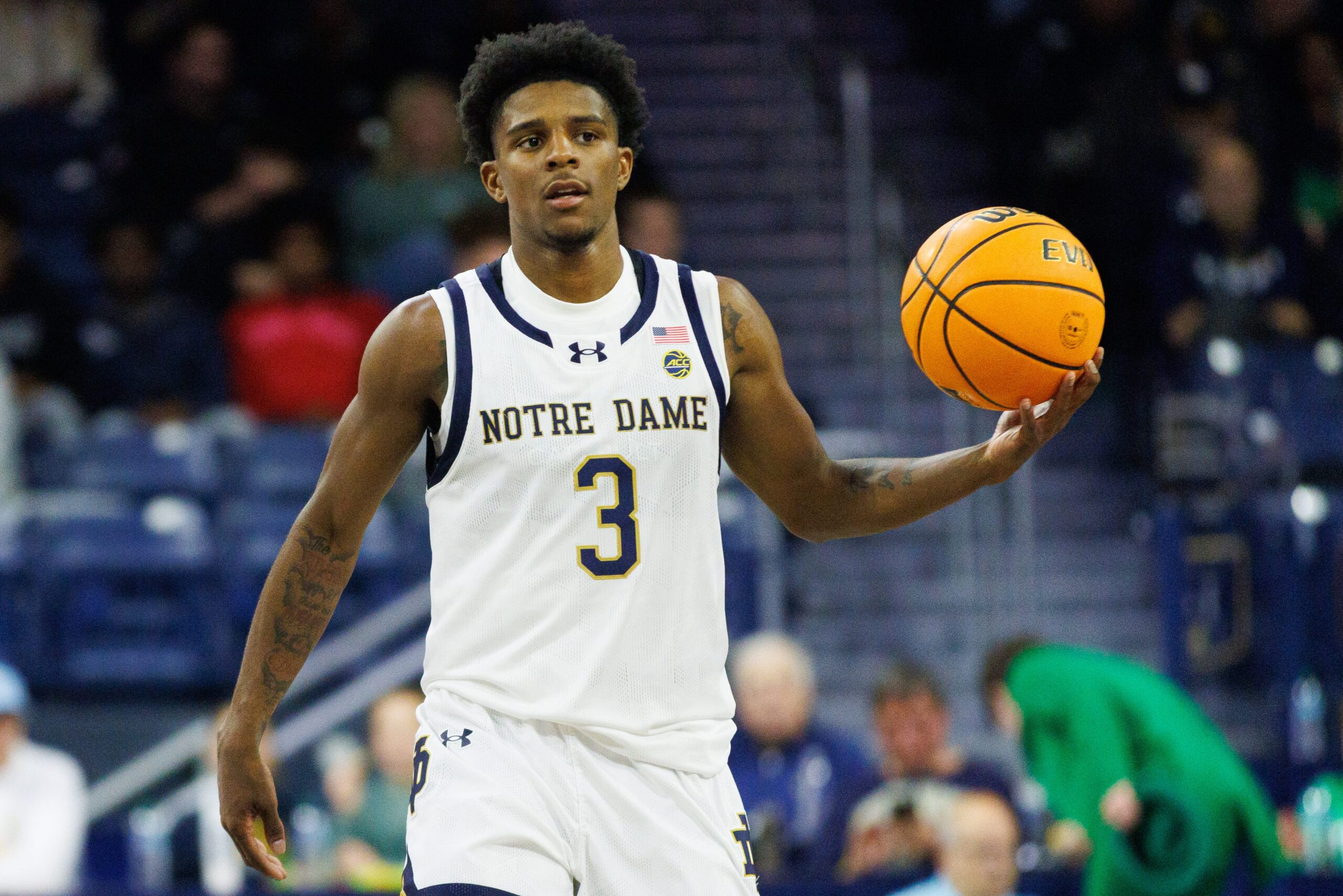 Notre Dame guard Markus Burton brings the ball up the court during a NCAA basketball game against LIU Brooklyn at Purcell Pavilion on Monday, Nov. 3, 2025, in South Bend.