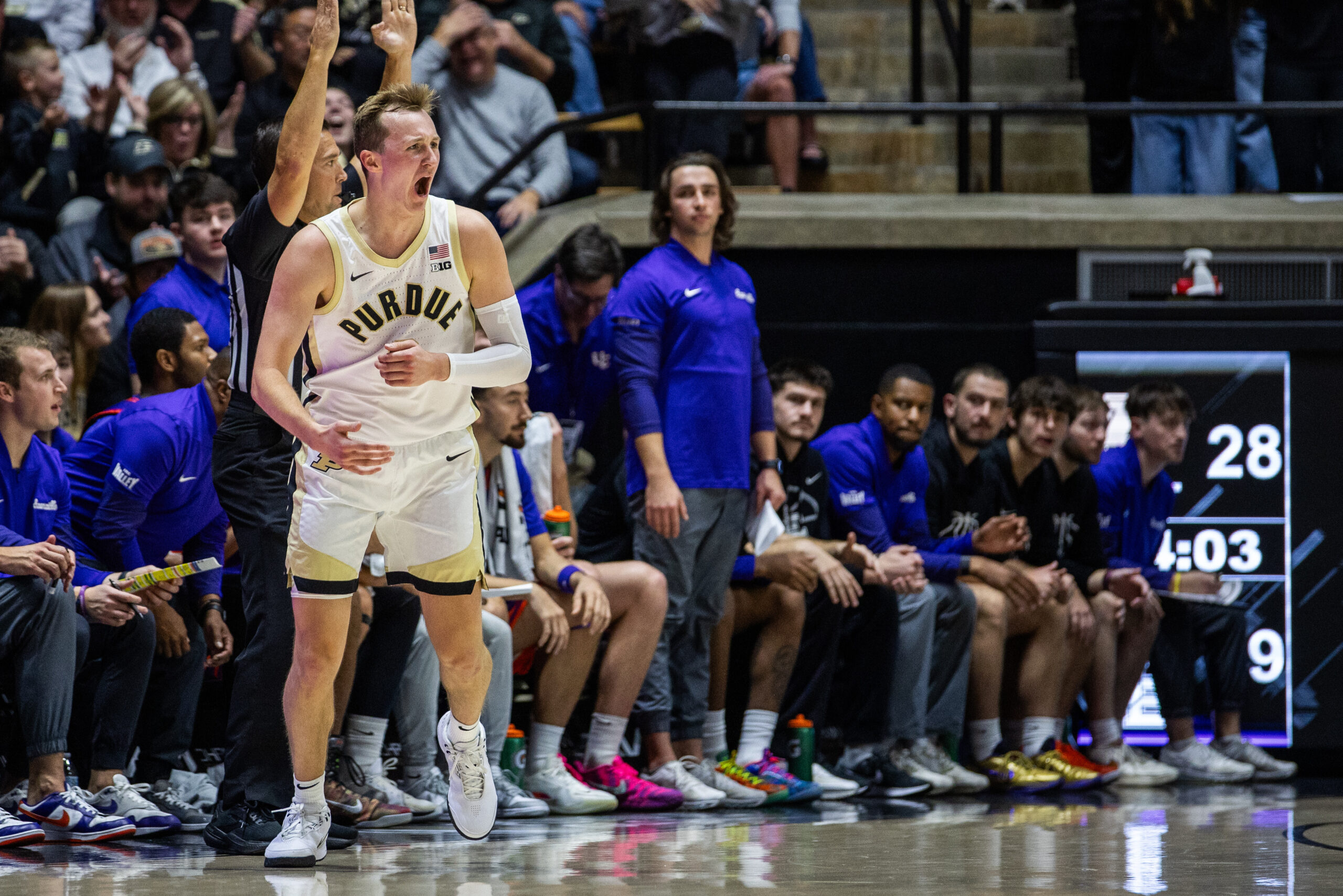Nov 4, 2025; West Lafayette, Indiana, USA; Purdue Boilermakers guard Fletcher Loyer (2) celebrates a made basket in the first half against the Evansville Purple Aces  at Mackey Arena. Mandatory Credit: Trevor Ruszkowski-Imagn Images