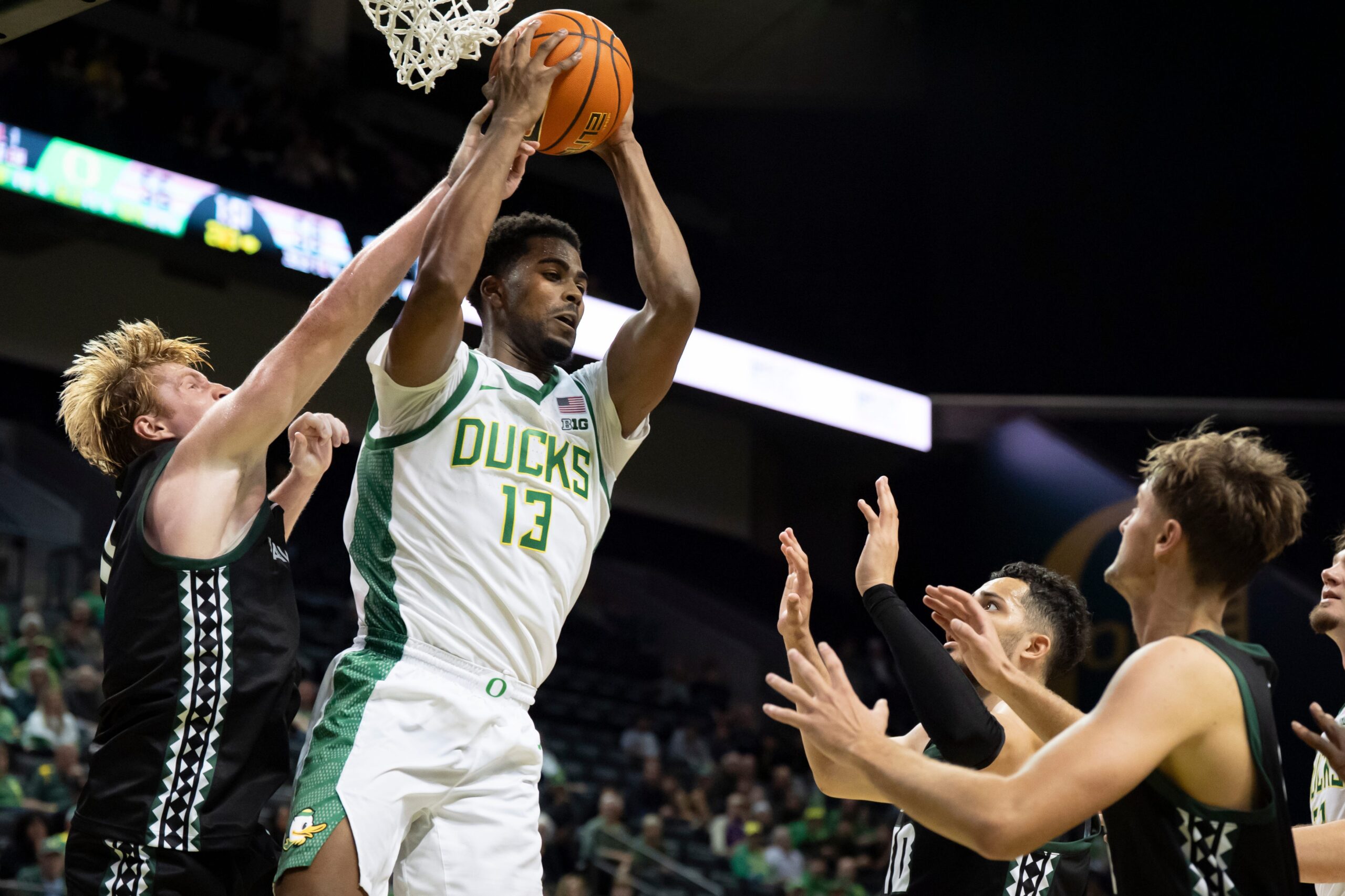 Oregon forward Sean Stewart rebounds the ball as the Oregon Ducks host the Hawaii Rainbow Warriors on Nov. 4, 2025, at Matthew Knight Arena in Eugene, Oregon.