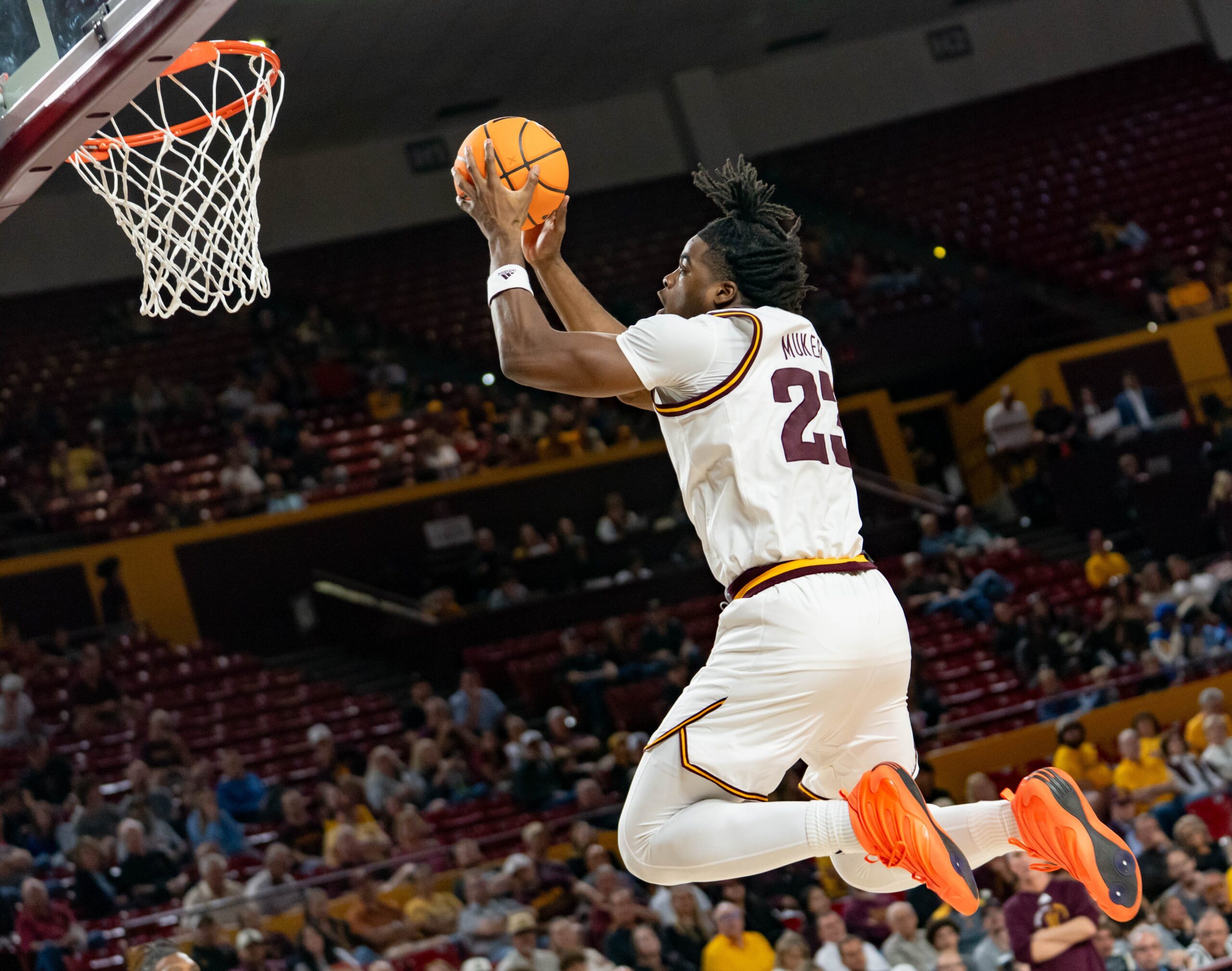 Arizona State Sun Devils Allen Mukeba (23) jumps to score during a game against the Southern Utah Thunderbirds at Desert Financial Arena in Tempe on Nov. 4, 2025.