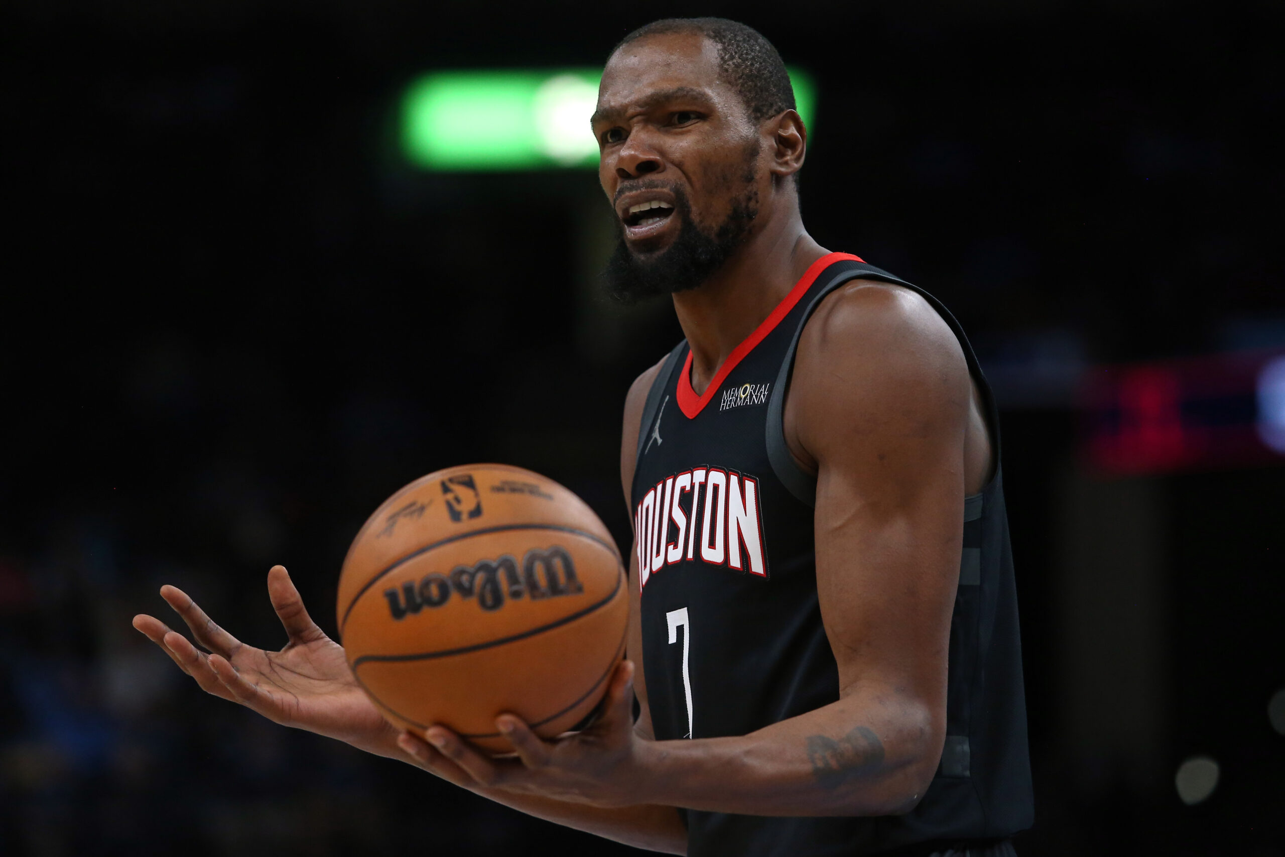 Nov 5, 2025; Memphis, Tennessee, USA; Houston Rockets forward Kevin Durant (7) reacts during the second quarter against the Memphis Grizzlies at FedExForum. Mandatory Credit: Petre Thomas-Imagn Images