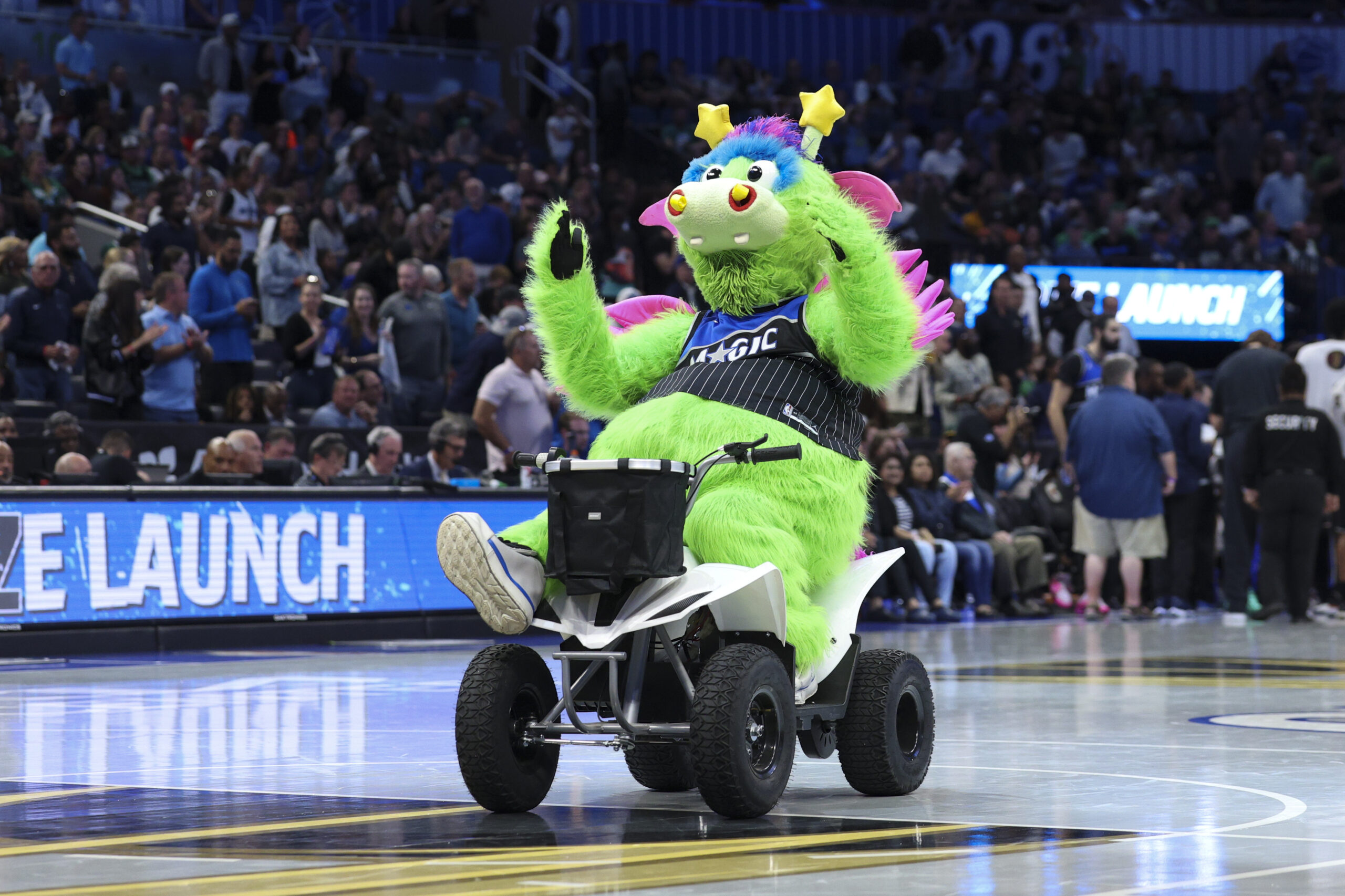 Nov 7, 2025; Orlando, Florida, USA; Orlando Magic mascot Stuff entertains fans during a gem against the Boston Celtics at Kia Center. Mandatory Credit: Nathan Ray Seebeck-Imagn Images