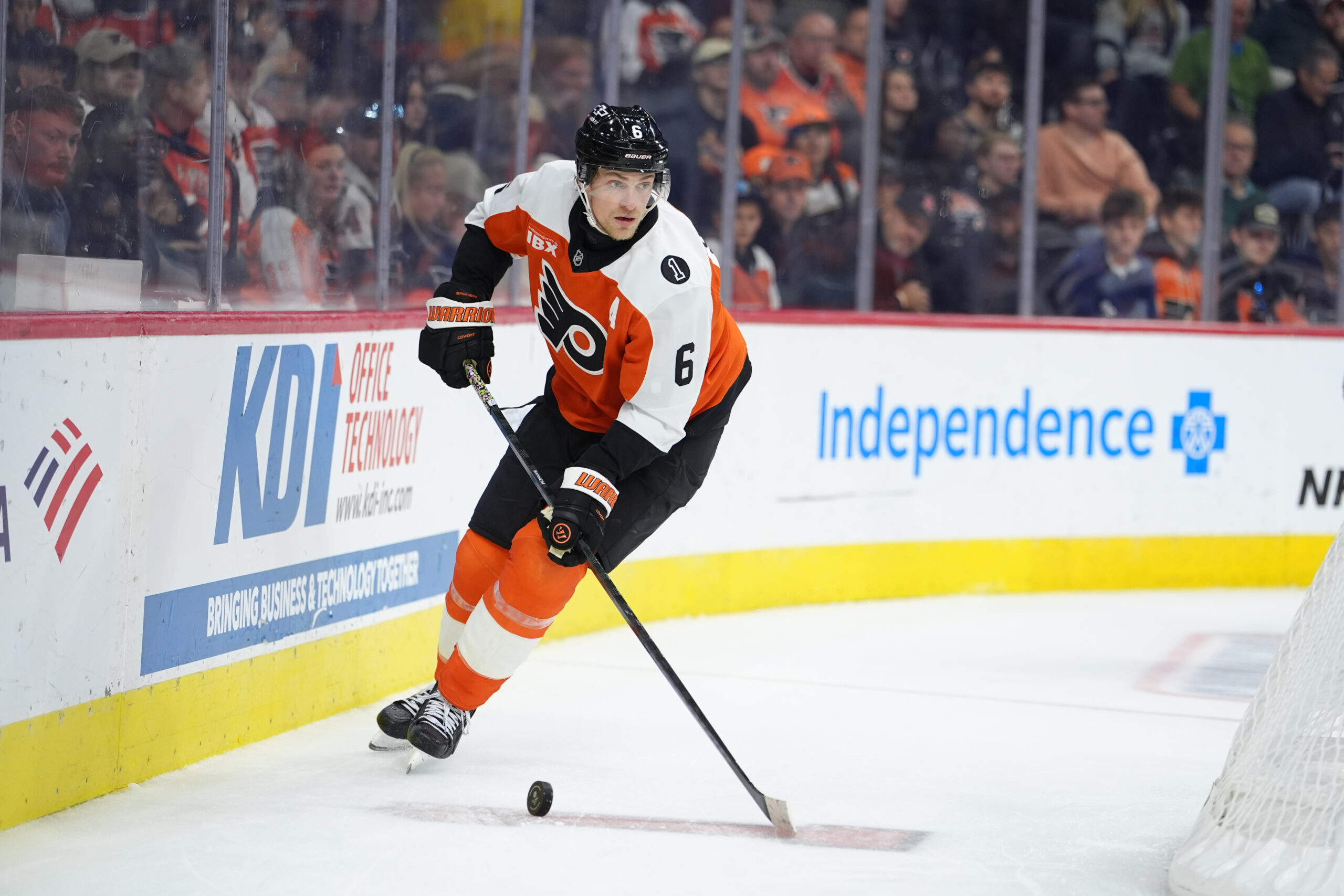 Nov 8, 2025; Philadelphia, Pennsylvania, USA; Philadelphia Flyers defenseman Travis Sanheim (6) controls the puck against the Ottawa Senators in the third period at Xfinity Mobile Arena. Mandatory Credit: Kyle Ross-Imagn Images
