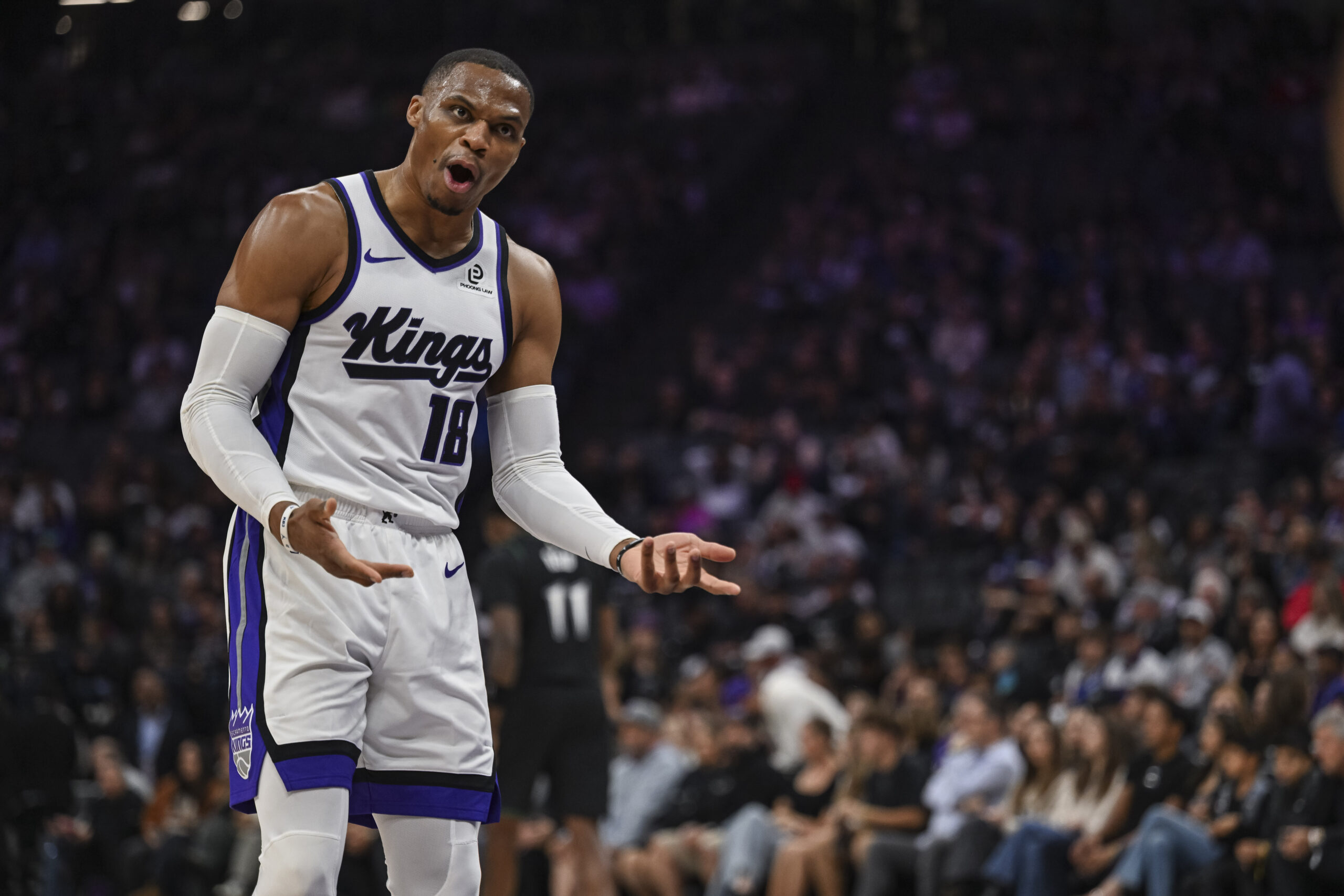 Nov 9, 2025; Sacramento, California, USA;  Sacramento Kings guard Russell Westbrook (18) reacts during the second quarter against the Minnesota Timberwolves at Golden 1 Center. Mandatory Credit: Justine Willard-Imagn Images