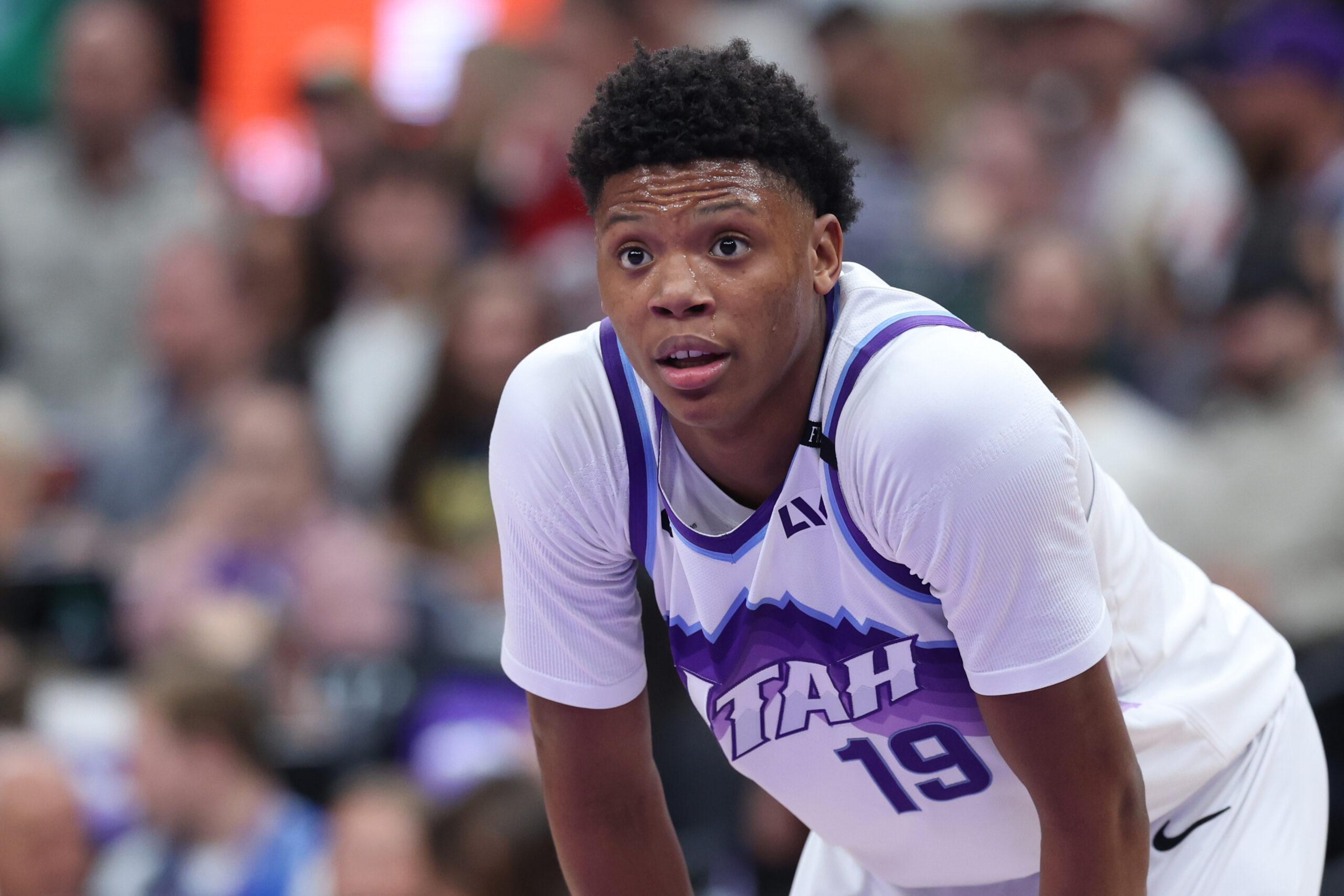 Nov 10, 2025; Salt Lake City, Utah, USA; Utah Jazz guard Ace Bailey (19) waits for the play during the second half of the game against the Minnesota Timberwolves at Delta Center. Mandatory Credit: Rob Gray-Imagn Images