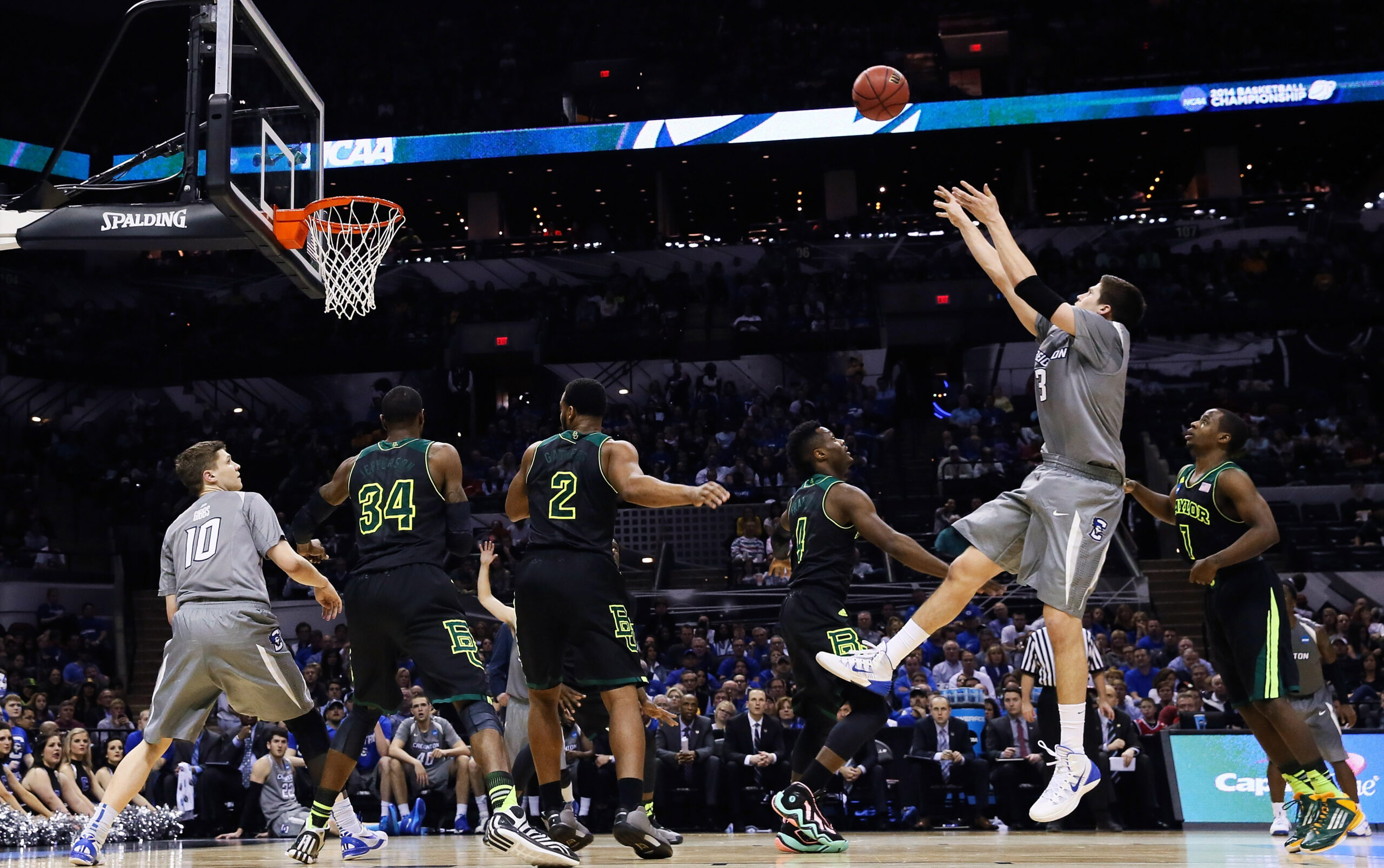 Mar 23, 2014; San Antonio, TX, USA; Creighton Bluejays forward Doug McDermott (3) shoots against the Baylor Bears in the second half of a men's college basketball game during the third round of the 2014 NCAA Tournament at AT&T Center. Mandatory Credit: Kevin Jairaj-Imagn Images
